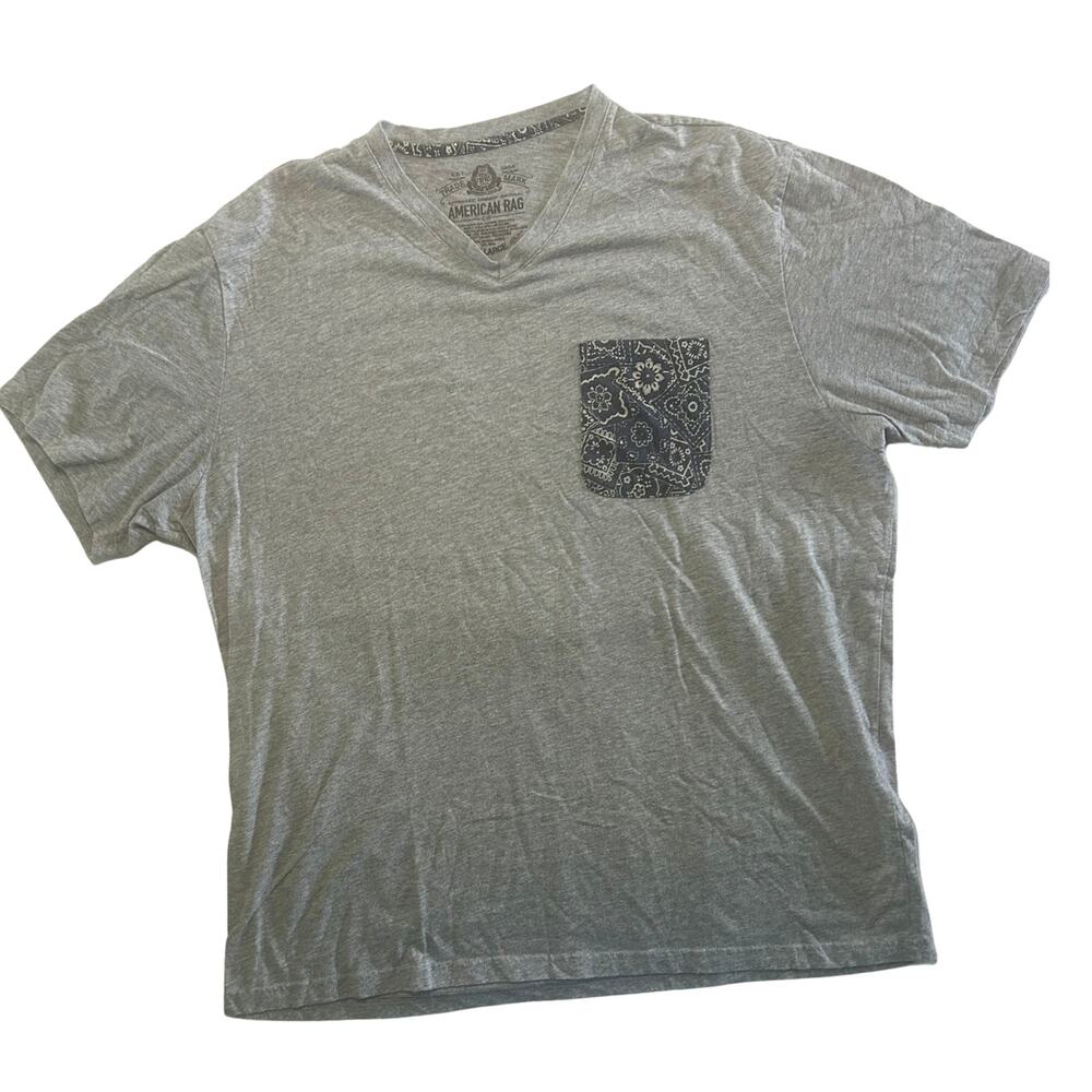 American Rag Cie XXL Grey V Neck Tee Bandana Paisley Pocket Indie Streetwear